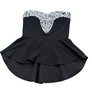 Janice‎ Black Strapless Rhinestone Embellished Peplum Top Sweetheart Neck T404 M